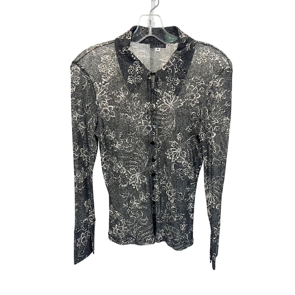Y2K Heart Moon Star Mesh Sheer Button Down Shirt Black Whimsigoth Office MEDIUM